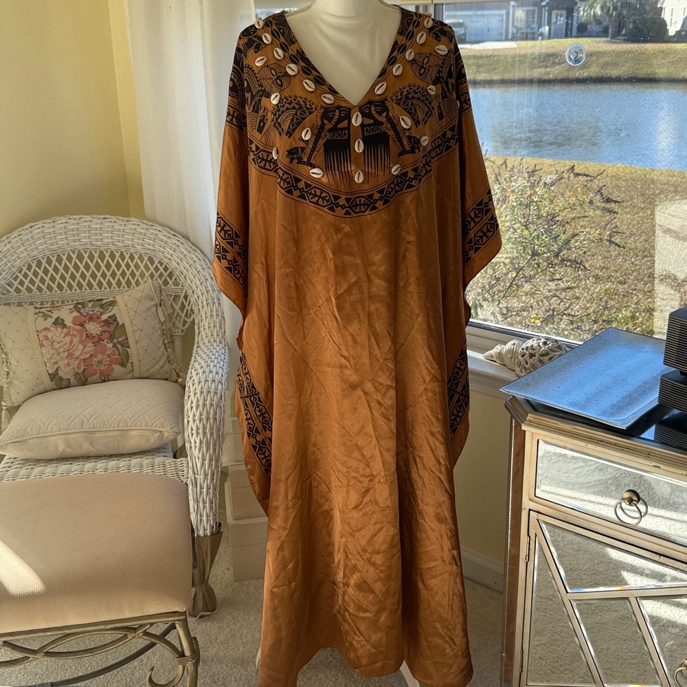 ASHRO caftan duster dress golden rust black faux shells elegant boho caftan